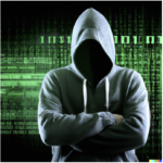 Hooded figure with green text on a background intended to look like a hacker.
