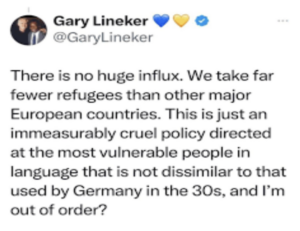 @GaryLineker There is no huge influx. We take far fewer refugees than other major European countries. This is just an immeasurably cruel policy directed at the most vulnerable people in language that is not dissimilar to that used by Germany in the 30s, and l'm out of order?