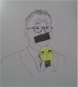 Line drawing of a BBC Reporter with tape over mouth